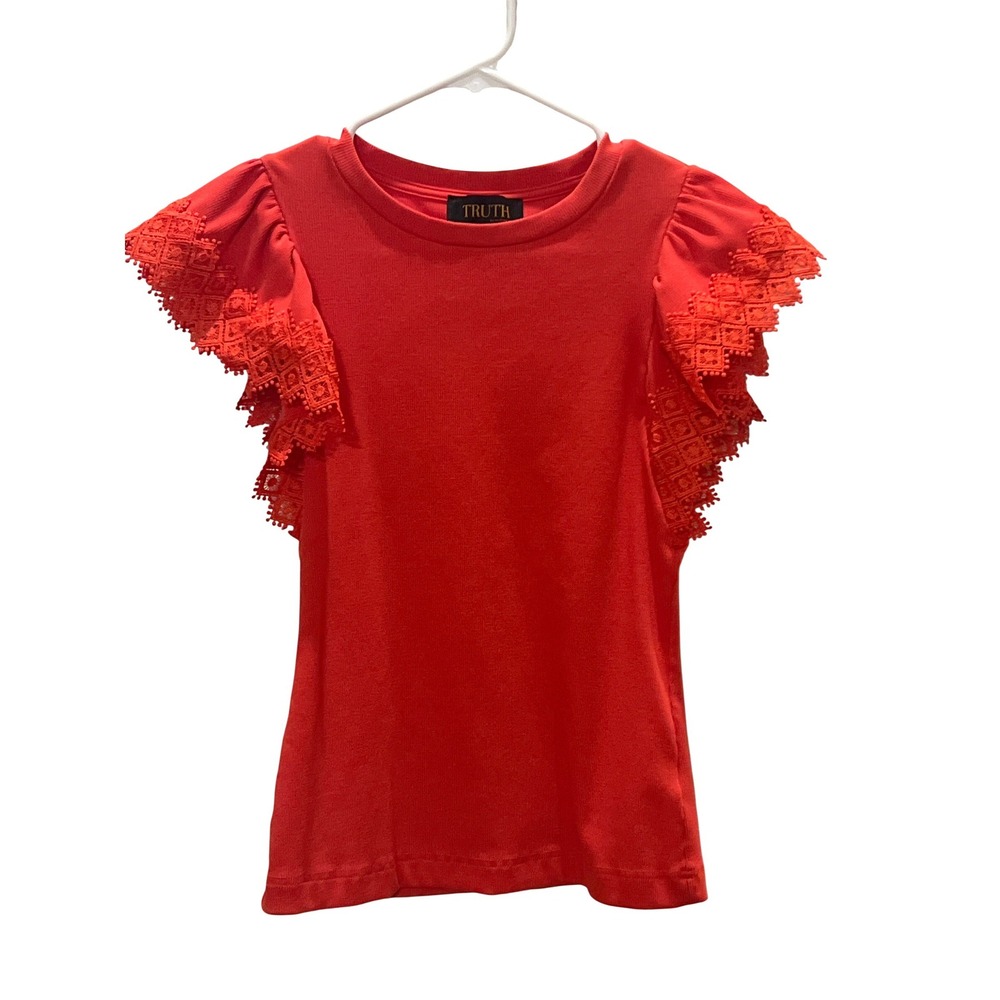 Truth by Republic Orange Ribbed Flutter Sleeve Eyelet Lace Top Womens Small